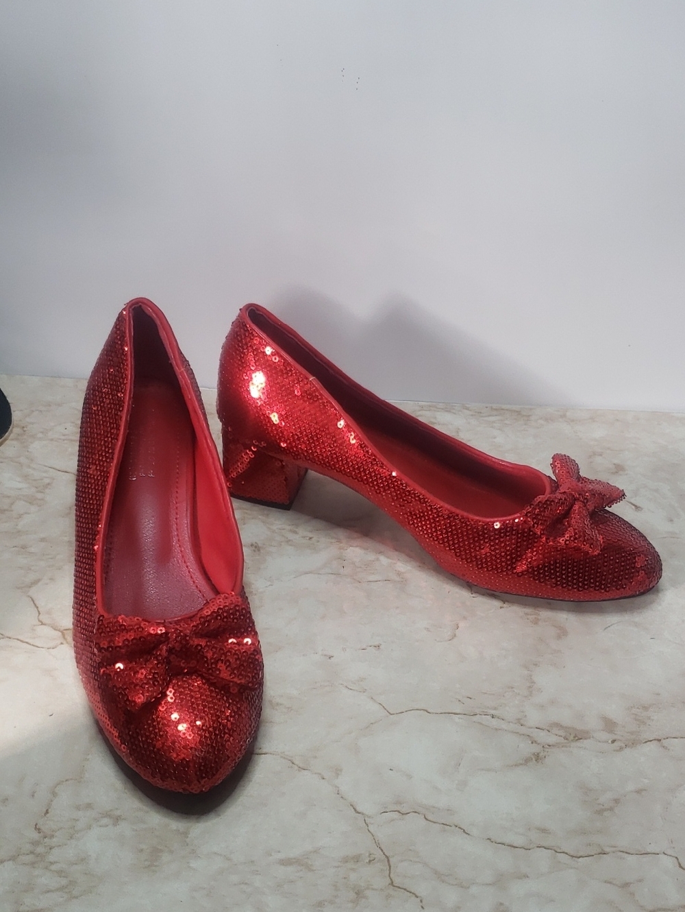 Red Sequin Bow Block Heel Pumps - Women